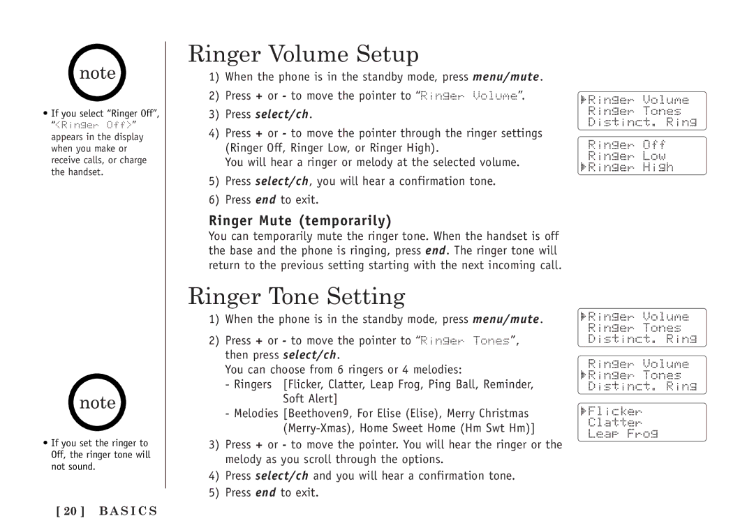 Uniden TRU5860/2 manual Ringer Volume Setup, Ringer Tone Setting, Ringer Mute temporarily, Press select/ch 