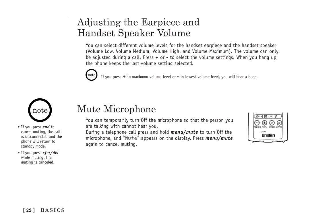 Uniden TRU5860/2 manual Adjusting the Earpiece Handset Speaker Volume, Mute Microphone 