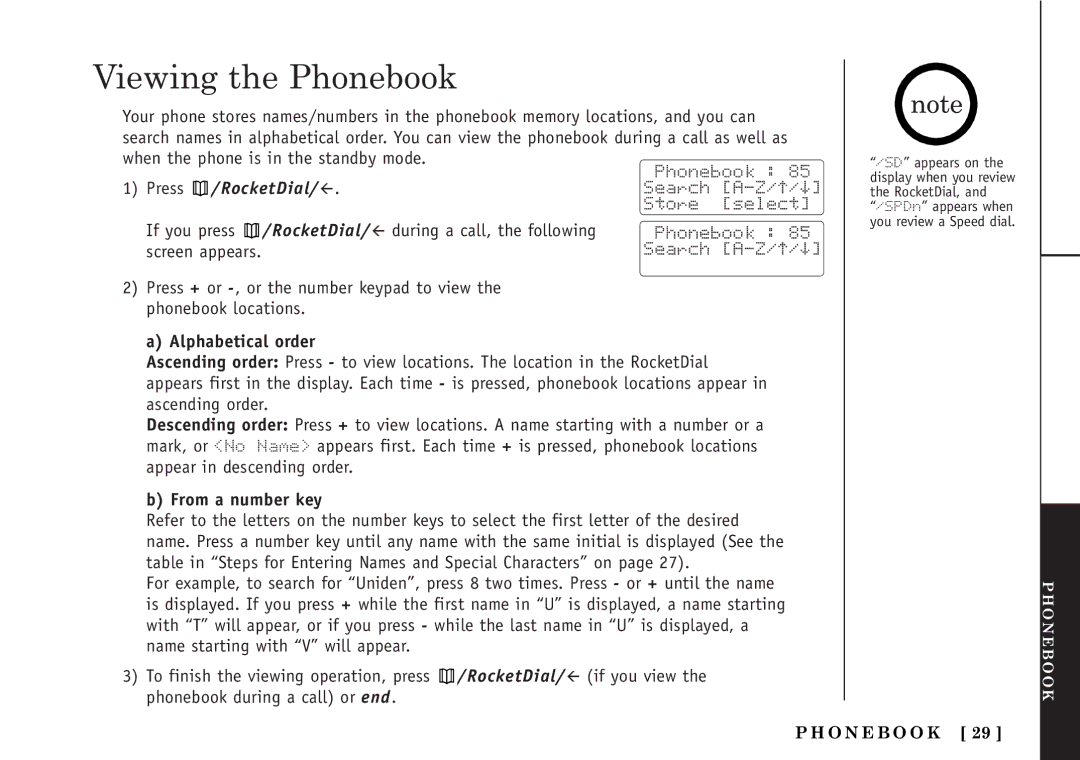 Uniden TRU5860/2 manual Viewing the Phonebook, Press /RocketDial, Alphabetical order, From a number key 