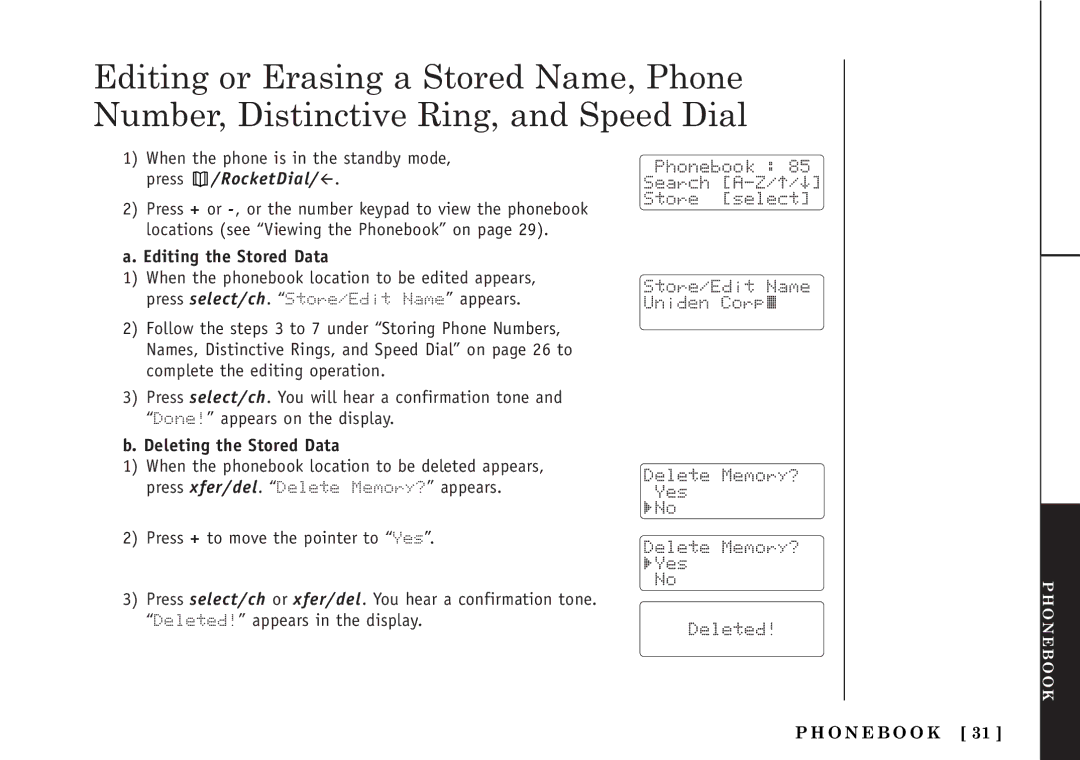 Uniden TRU5860/2 manual Editing the Stored Data, Deleting the Stored Data 