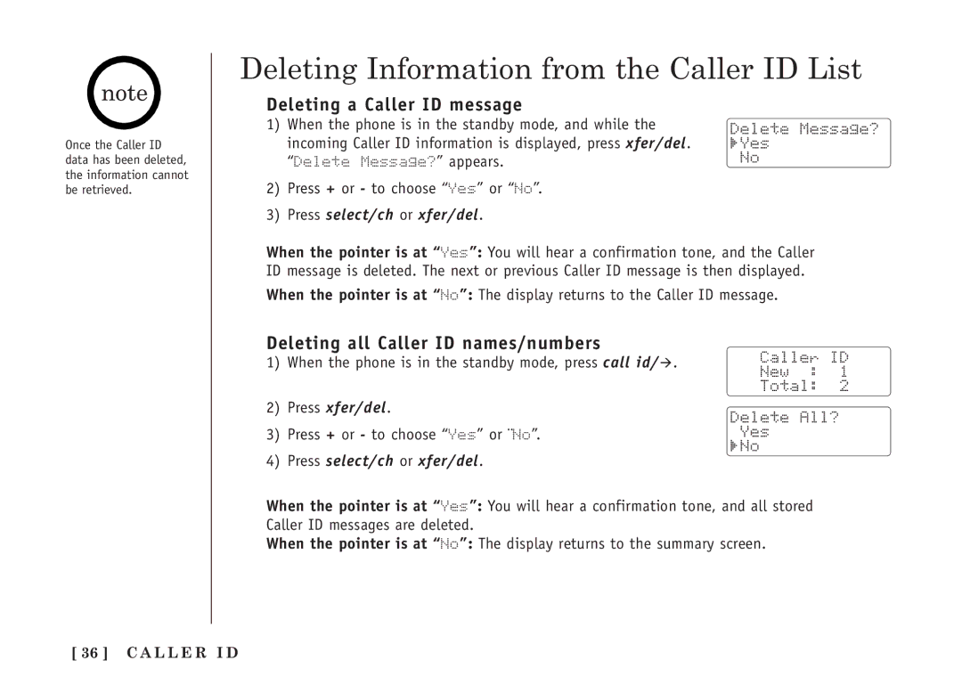 Uniden TRU5860 Deleting Information from the Caller ID List, Deleting a Caller ID message, Press select/ch or xfer/del 