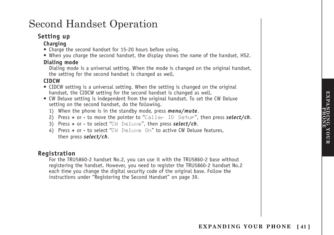 Uniden TRU5860/2 manual Second Handset Operation, Setting up, Registration 