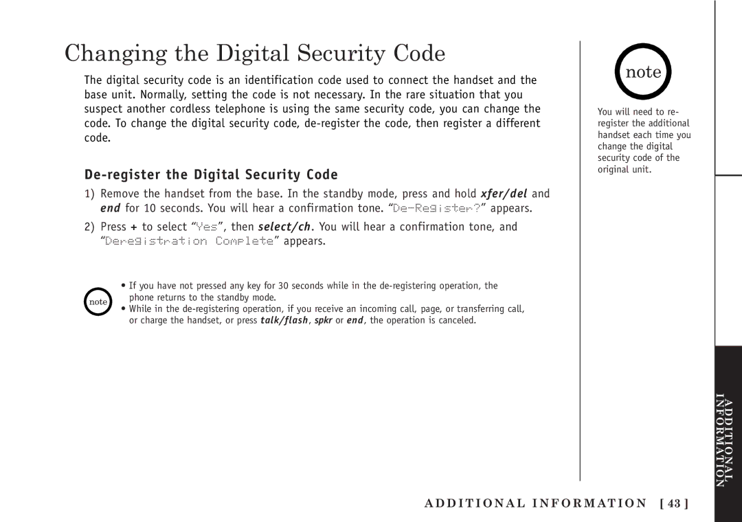 Uniden TRU5860/2 manual Changing the Digital Security Code, De-register the Digital Security Code 