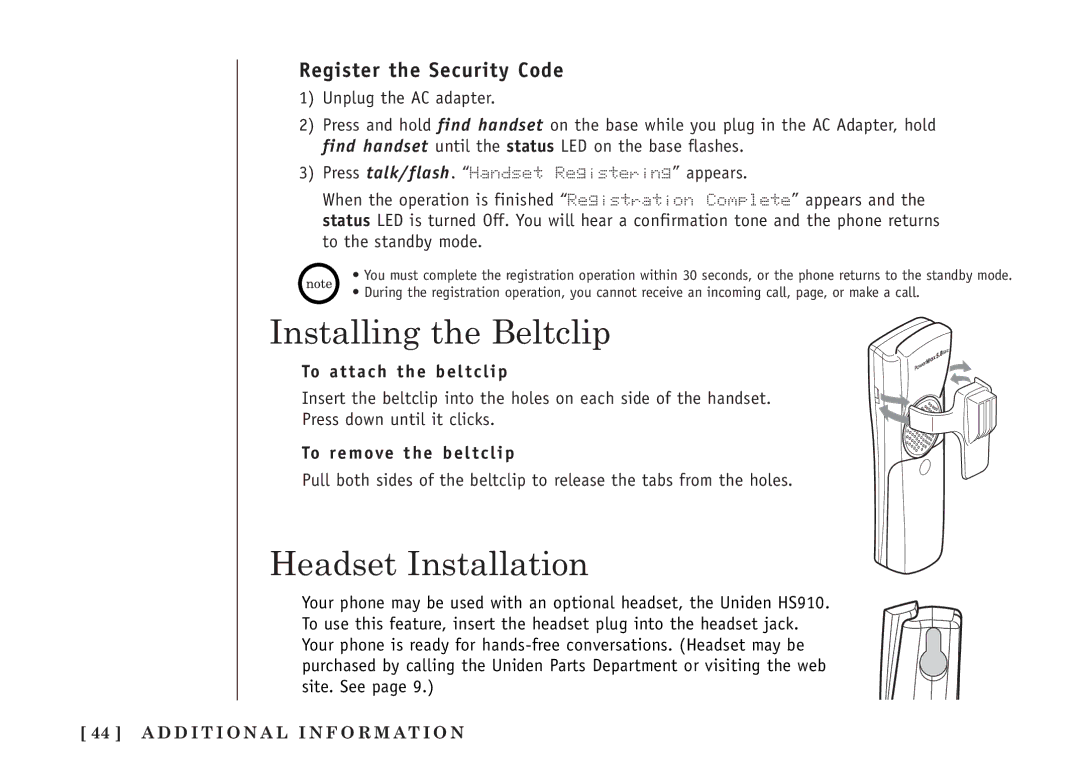 Uniden TRU5860/2 manual Installing the Beltclip, Headset Installation, Register the Security Code 