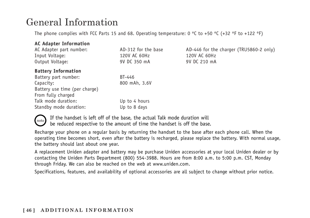 Uniden TRU5860/2 manual General Information, AC Adapter Information, Battery Information 