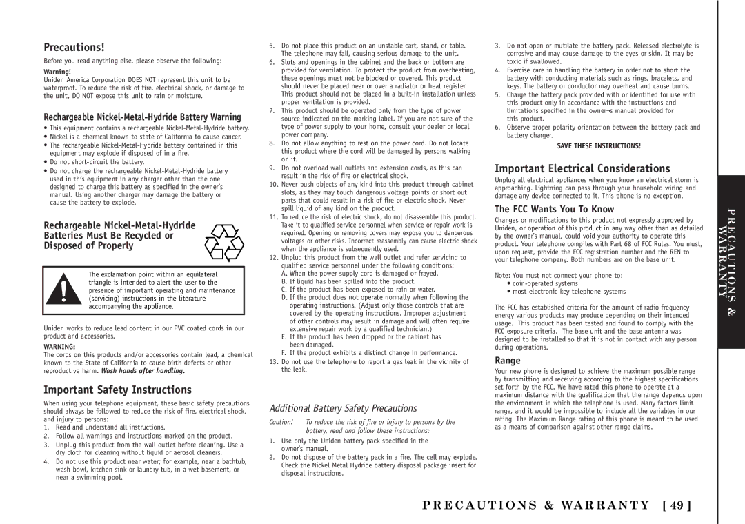 Uniden TRU5860/2 manual Precautions, Important Electrical Considerations, Important Safety Instructions 