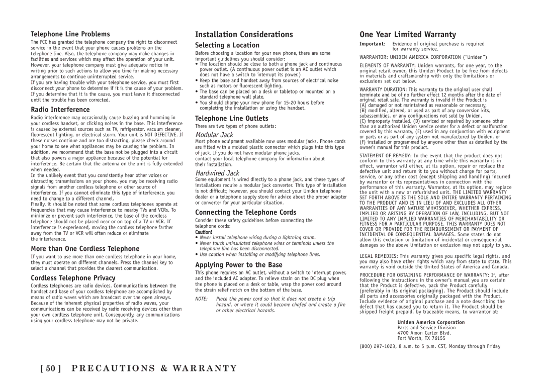 Uniden TRU5860/2 manual Installation Considerations, One Year Limited Warranty, R E C a U T I O N S & WA R R a N T Y 