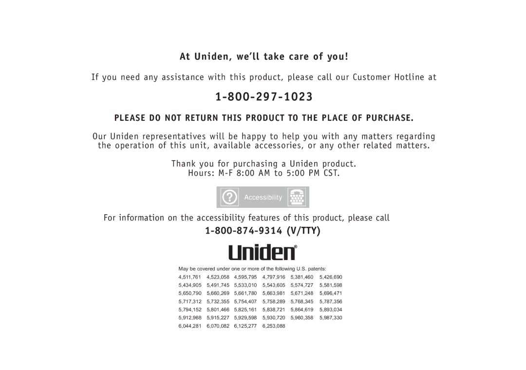 Uniden TRU5860/2 manual At Uniden, we’ll take care of you, Please do not Return this Product to the Place of Purchase 