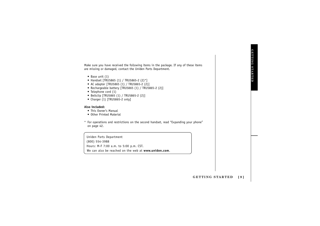 Uniden TRU5865, TXC580 manual Checking the Package Contents 