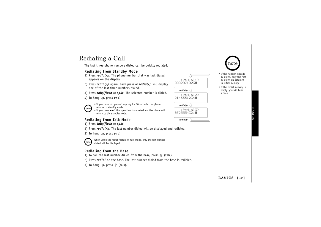 Uniden TRU5865 Redialing a Call, Redialing from Standby Mode, Redialing from Talk Mode, Redialing from the Base, S I C S 