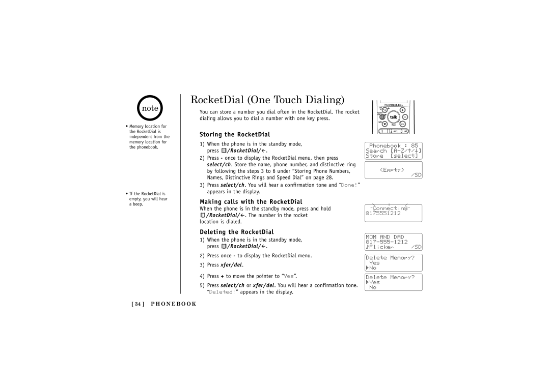 Uniden TXC580 manual RocketDial One Touch Dialing, Storing the RocketDial, Making calls with the RocketDial, Press xfer/del 