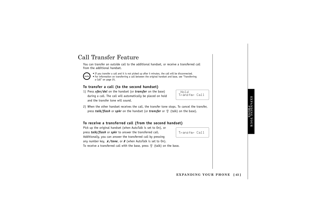 Uniden TRU5865, TXC580 Call Transfer Feature, To transfer a call to the second handset, Pa N D I N G Y O U R P H O N E 