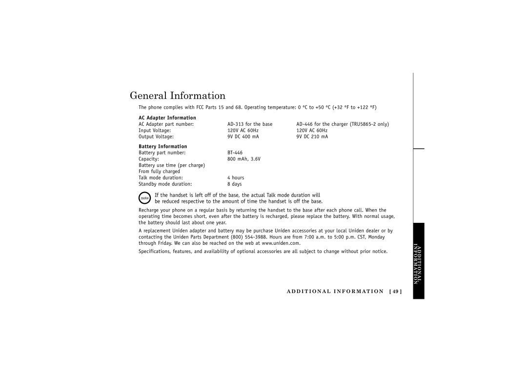 Uniden TRU5865, TXC580 manual General Information, AC Adapter Information, Battery Information 