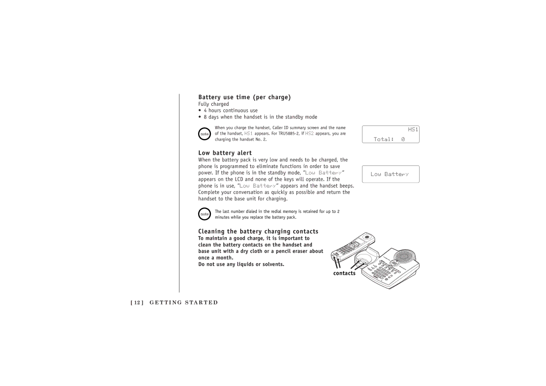 Uniden TRU5885-2 manual Battery use time per charge, Low battery alert, Cleaning the battery charging contacts 