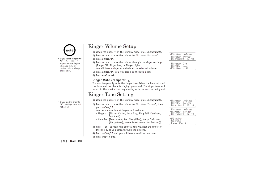 Uniden TRU5885-2 manual Ringer Volume Setup, Ringer Tone Setting, Ringer Mute temporarily, Press select/ch 