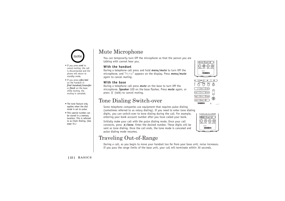 Uniden TRU5885-2 manual Mute Microphone, Tone Dialing Switch-over, Traveling Out-of-Range, With the handset, With the base 