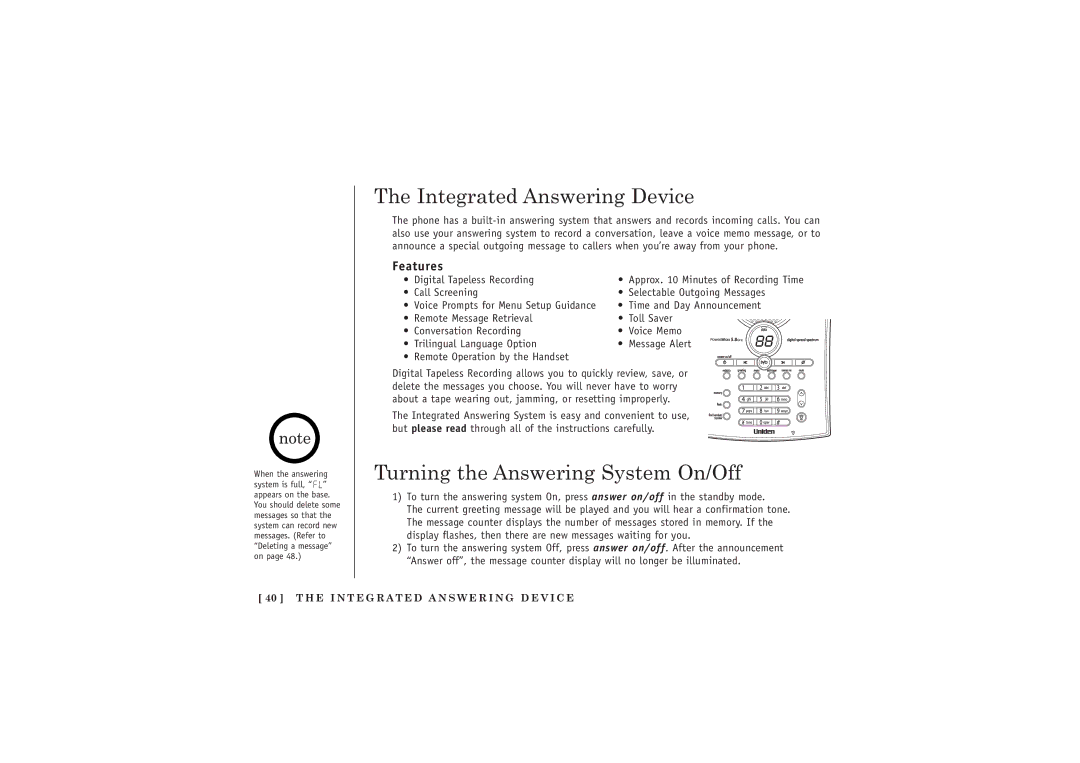 Uniden TRU5885-2 manual Integrated Answering Device, Turning the Answering System On/Off, Features 