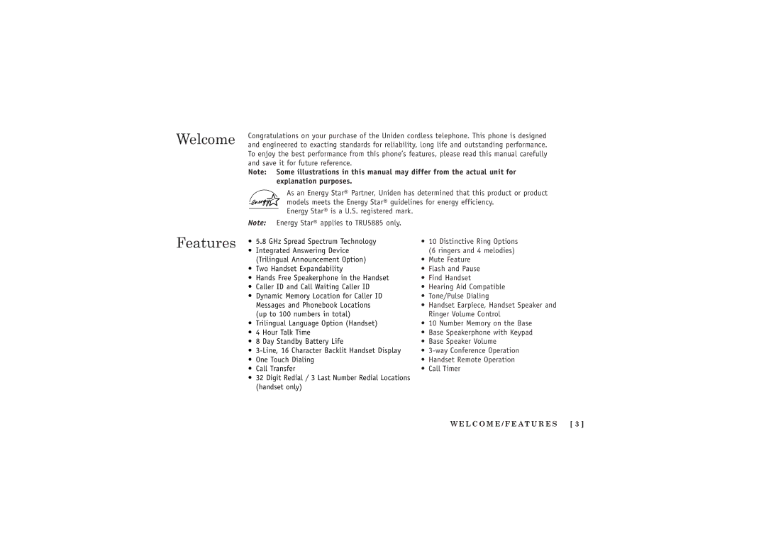 Uniden TRU5885-2 manual Welcome Features, L C O M E / F E At U R E S 