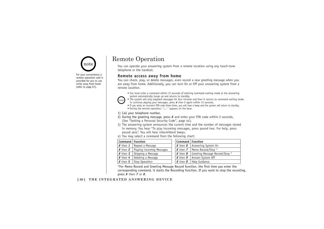 Uniden TRU5885-2 manual Remote Operation, Command Function 