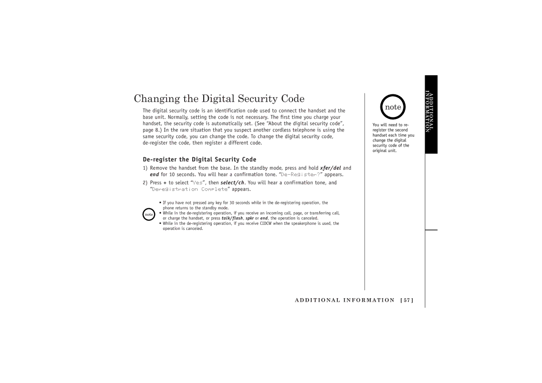 Uniden TRU5885-2 manual Changing the Digital Security Code, De-register the Digital Security Code 