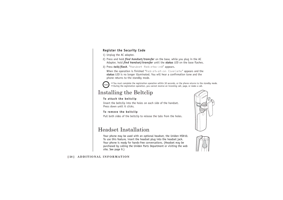 Uniden TRU5885-2 manual Installing the Beltclip, Headset Installation, Register the Security Code 