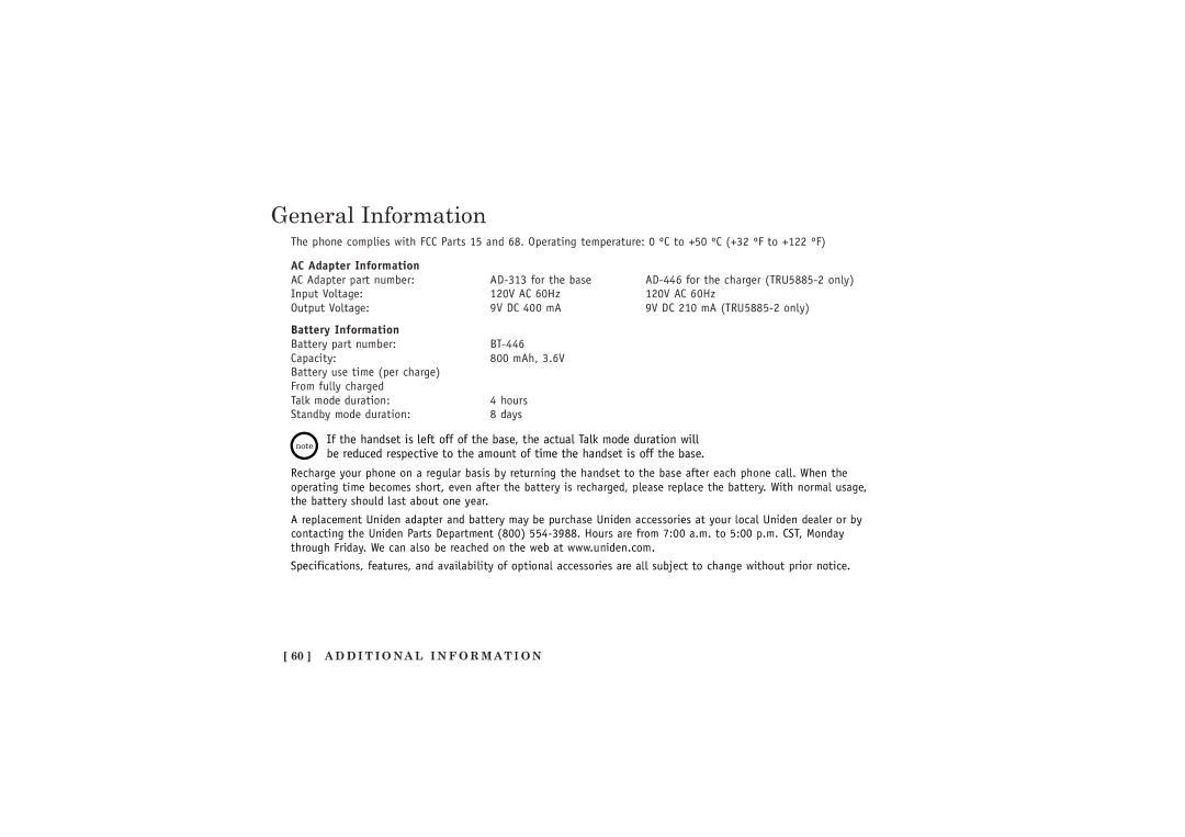 Uniden TRU5885-2 manual General Information, AC Adapter Information, Battery Information 