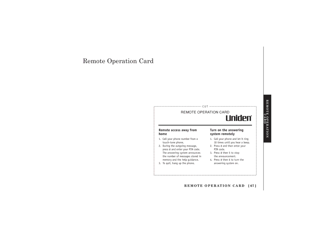 Uniden TRU5885-2 manual Remote Operation Card, Remote access away from home 