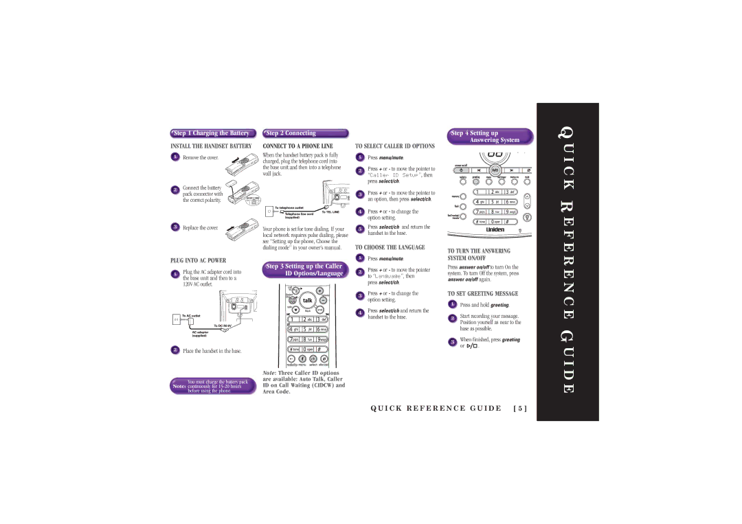 Uniden TRU5885-2 manual Charging the Battery, I C K R E F E R E N C E G U I D E 