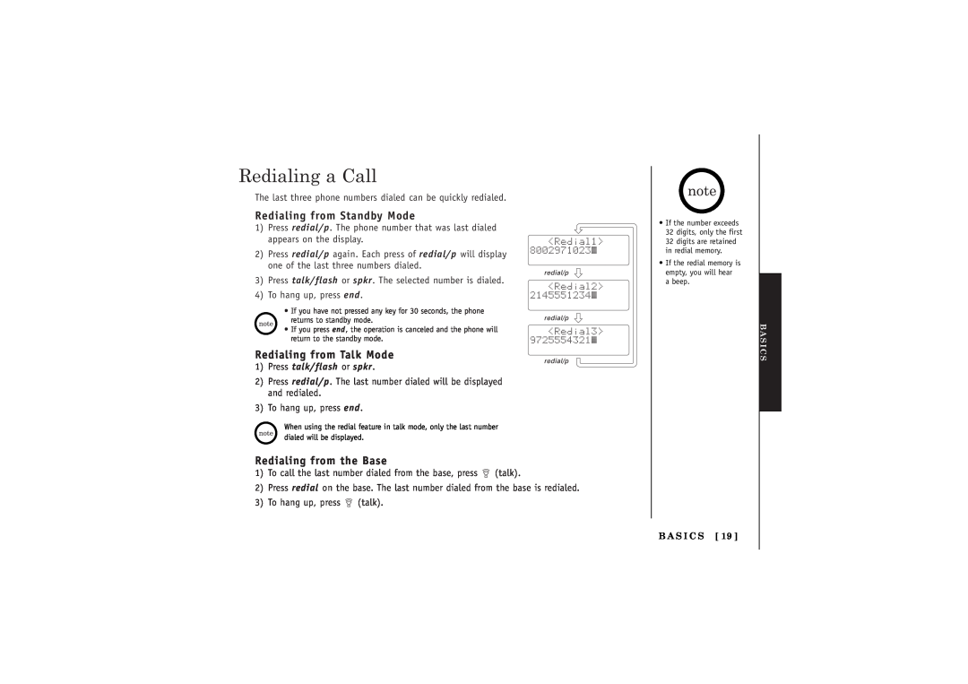 Uniden TRU5885-2 manual Redialing a Call, Redialing from Standby Mode, Redialing from Talk Mode, Redialing from the Base 