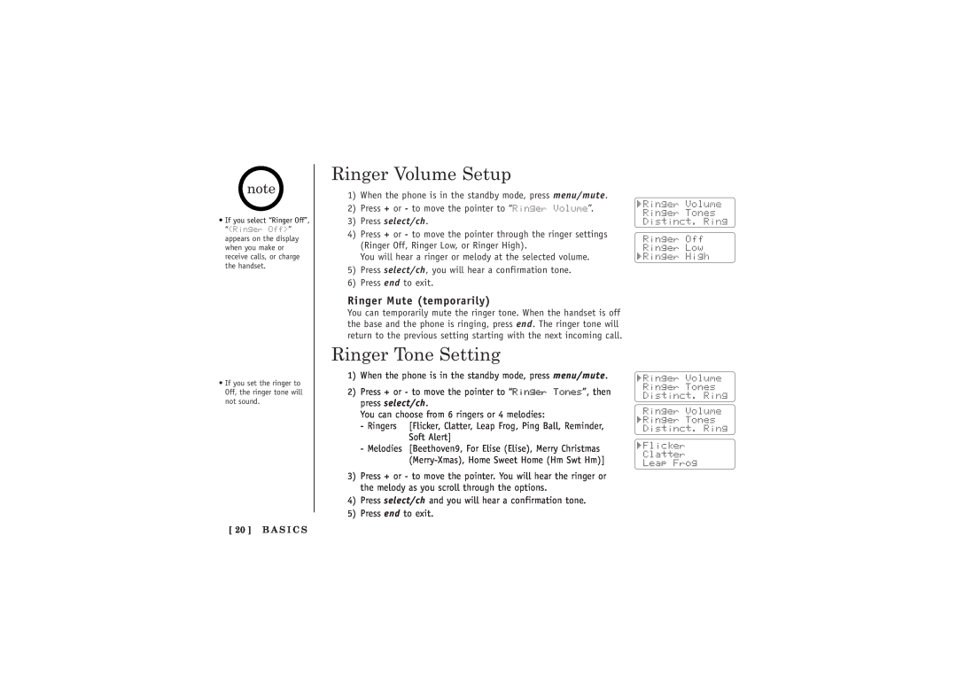 Uniden TRU5885-2 manual Ringer Volume Setup, Ringer Tone Setting, Ringer Mute temporarily, Press select/ch 