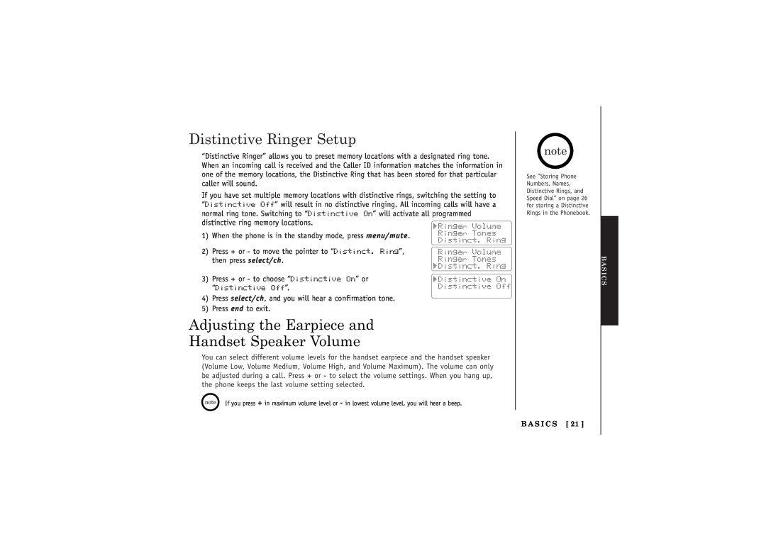 Uniden TRU5885-2 manual Distinctive Ringer Setup, Adjusting the Earpiece and Handset Speaker Volume, B A S I C S 