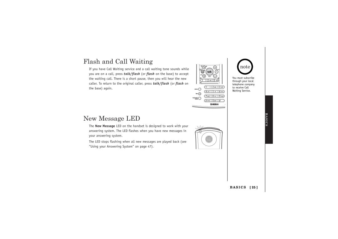 Uniden TRU5885-2 manual Flash and Call Waiting, New Message LED, B A S I C S 