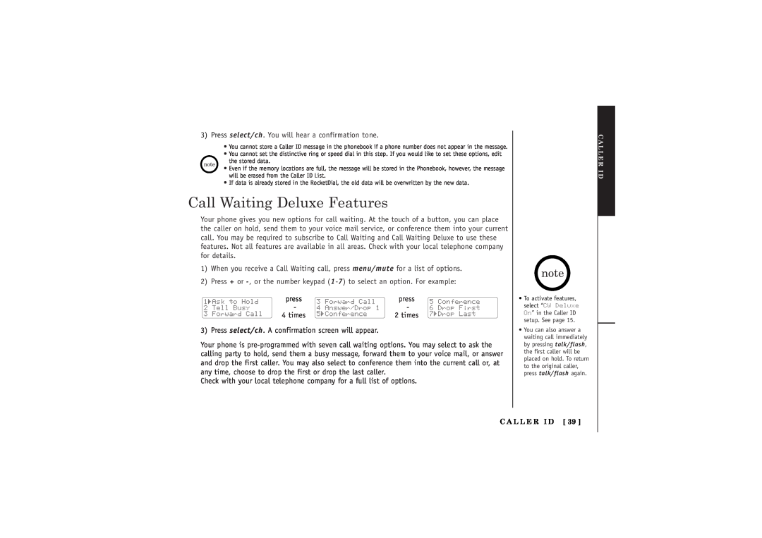 Uniden TRU5885-2 manual Call Waiting Deluxe Features, C A L L E R I D 