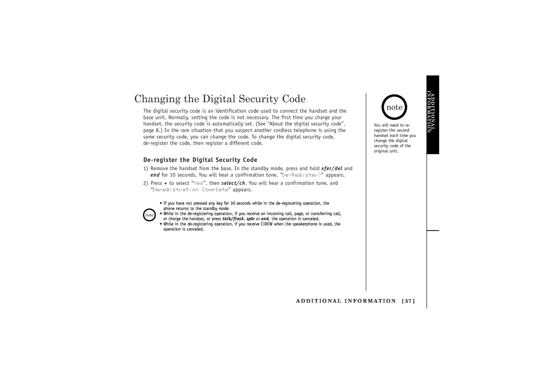 Uniden TRU5885-2 manual Changing the Digital Security Code, De-register the Digital Security Code 