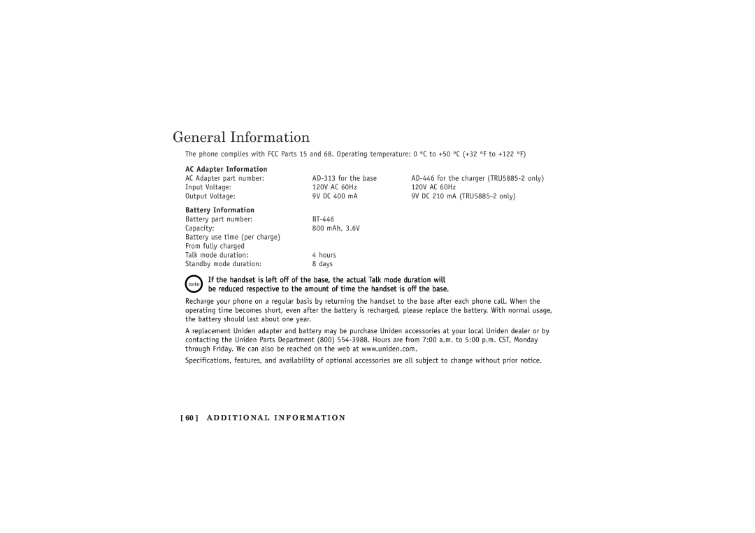 Uniden TRU5885-2 manual General Information, AC Adapter Information, Battery Information 