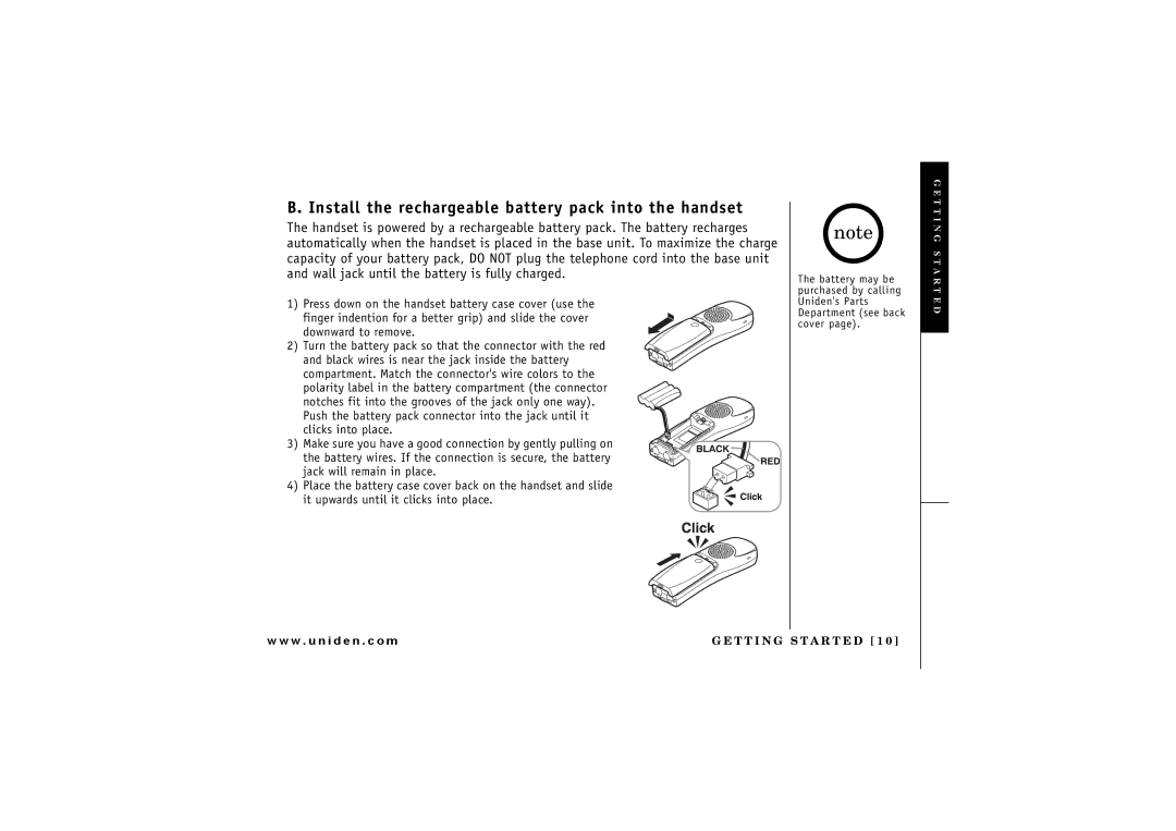 Uniden TRU 8065, TRU8865 owner manual Install the rechargeable battery pack into the handset 