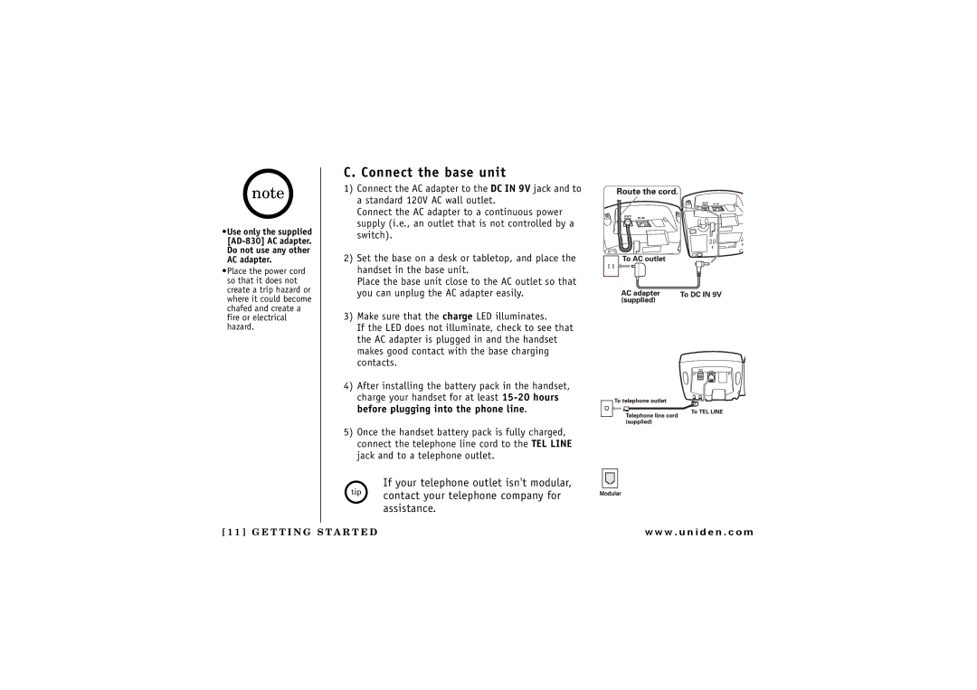 Uniden TRU8865, TRU 8065 owner manual Connect the base unit 