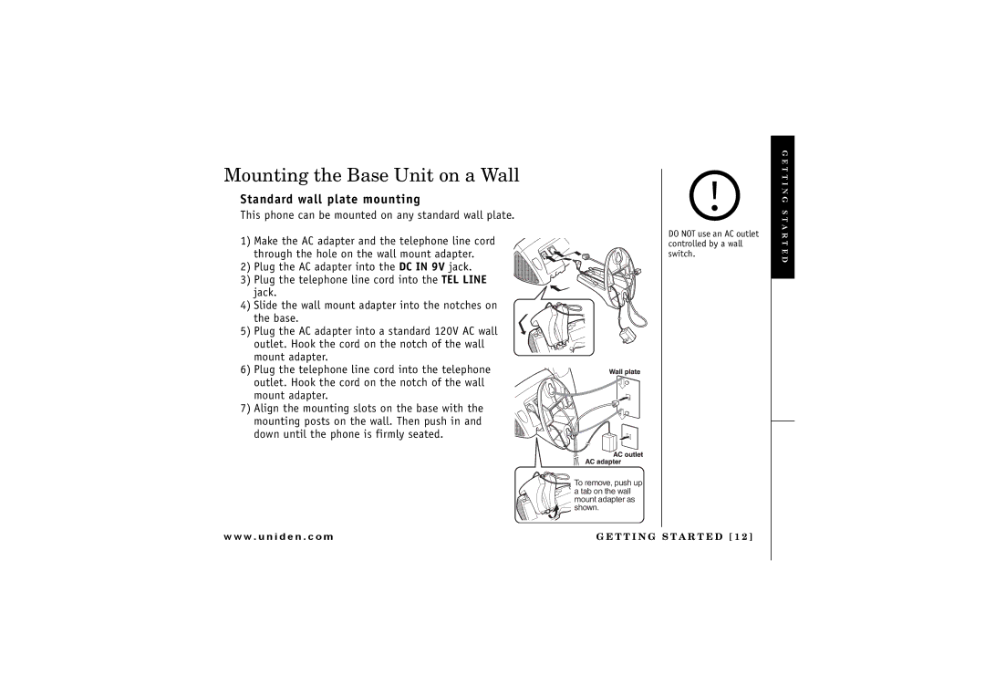 Uniden TRU 8065, TRU8865 owner manual Mounting the Base Unit on a Wall, Standard wall plate mounting 