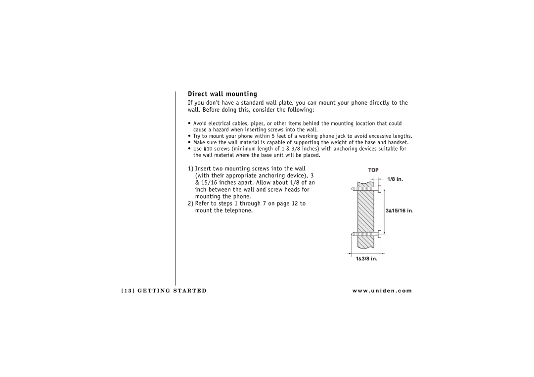 Uniden TRU8865, TRU 8065 owner manual Direct wall mounting 