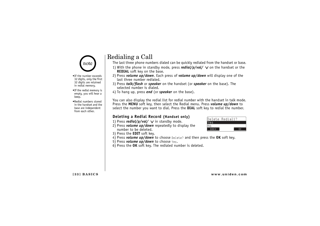 Uniden TRU8865, TRU 8065 owner manual Redialing a Call, Deleting a Redial Record Handset only 