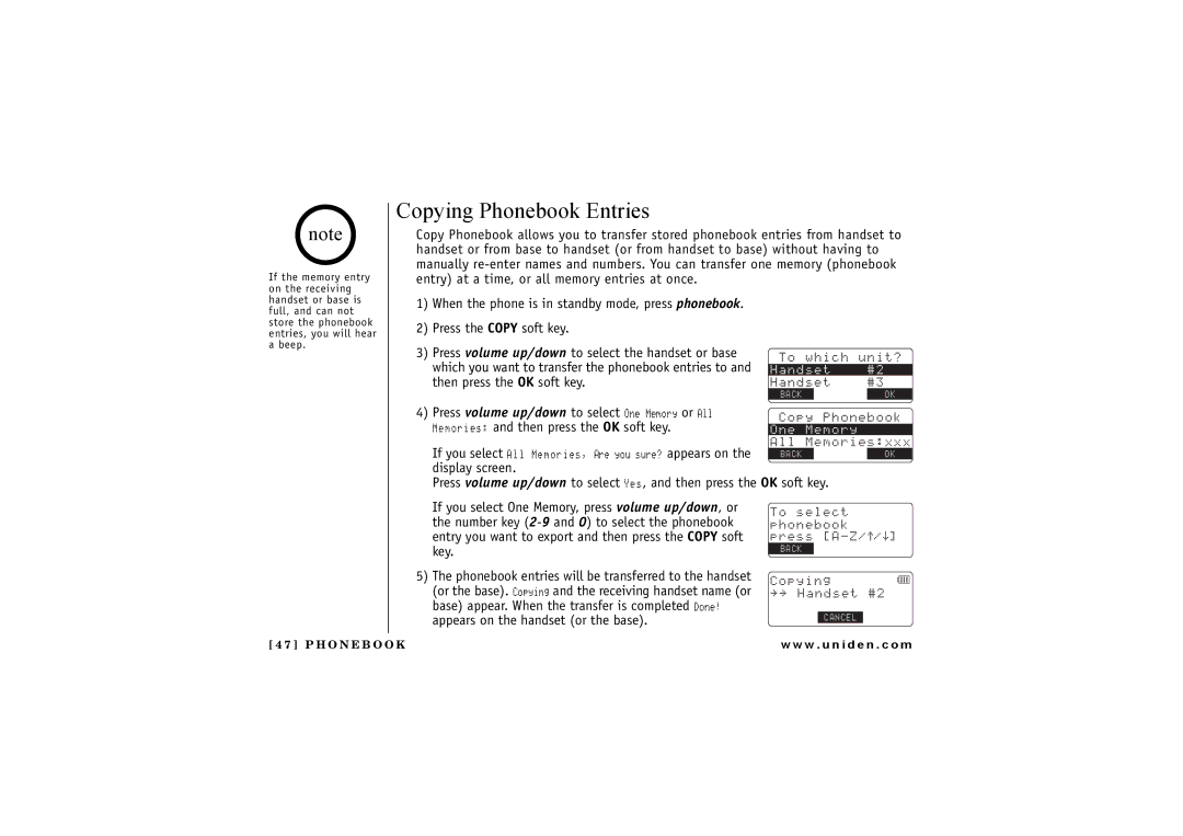 Uniden TRU8865, TRU 8065 owner manual Copying Phonebook Entries 