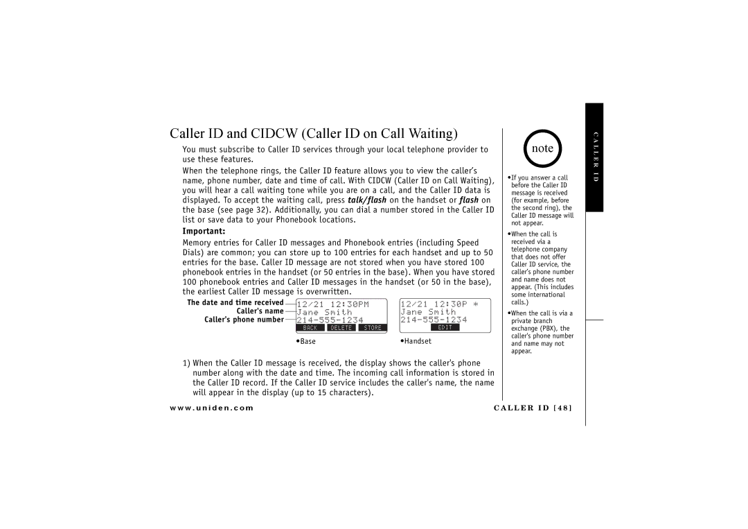 Uniden TRU 8065, TRU8865 owner manual Caller ID and Cidcw Caller ID on Call Waiting, L L E R I D 4 