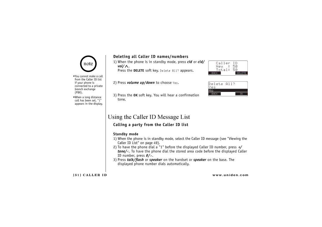 Uniden TRU8865, TRU 8065 owner manual Using the Caller ID Message List, Deleting all Caller ID names/numbers, Standby mode 