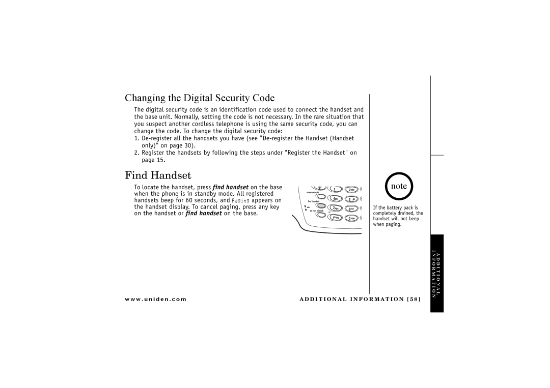 Uniden TRU 8065, TRU8865 owner manual Changing the Digital Security Code, Find Handset 