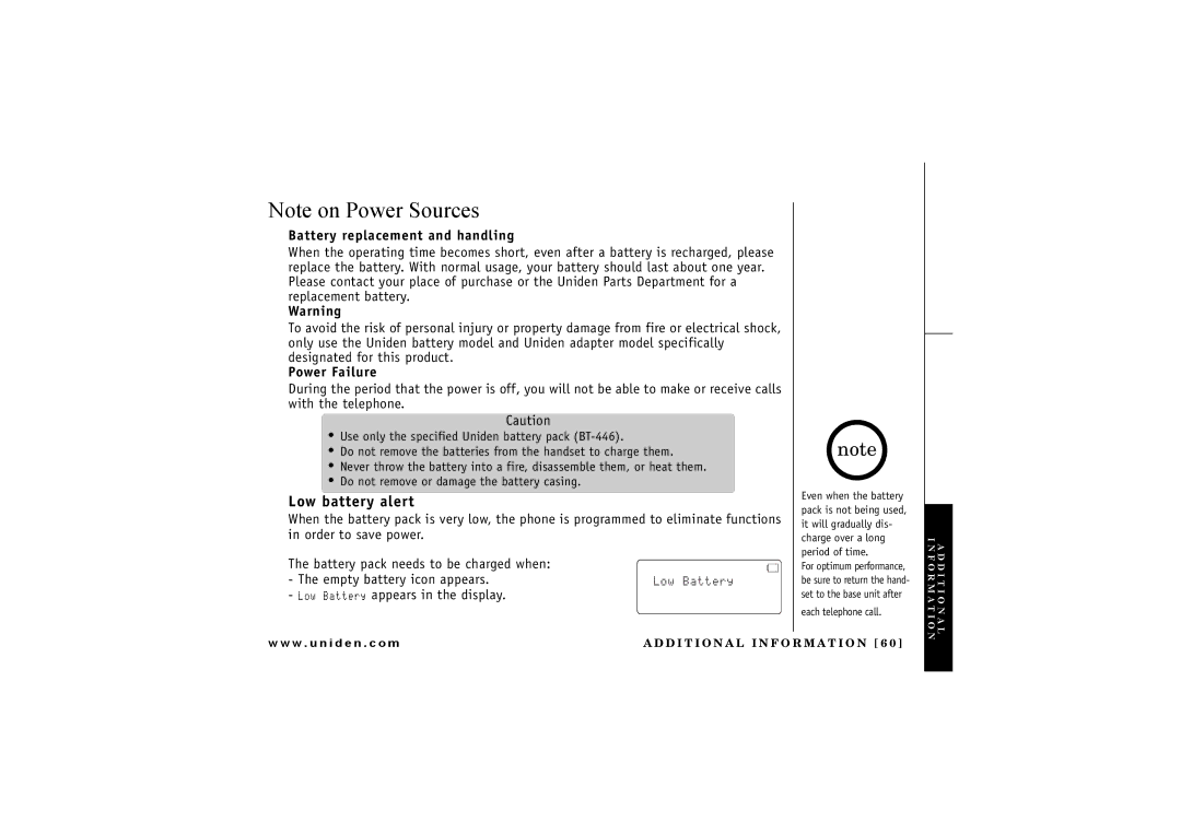 Uniden TRU 8065, TRU8865 owner manual Low battery alert, Battery replacement and handling, Power Failure 