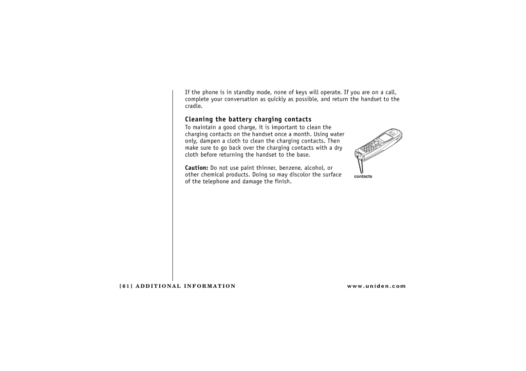 Uniden TRU8865, TRU 8065 owner manual Cleaning the battery charging contacts 