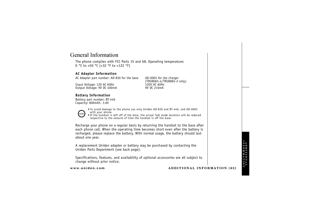 Uniden TRU 8065, TRU8865 owner manual General Information, AC Adapter Information, Battery Information 