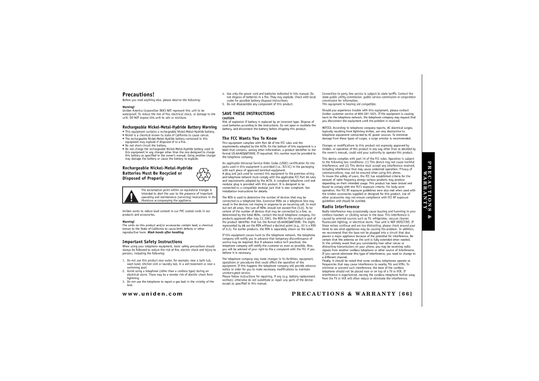 Uniden TRU 8065, TRU8865 owner manual Precautions 