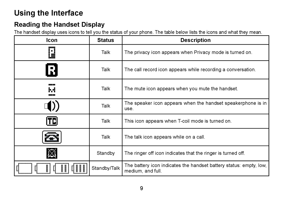 Uniden TRU9485-2, TRU9085 Series, TRU9485Series Using the Interface, Reading the Handset Display, Icon Status Description 