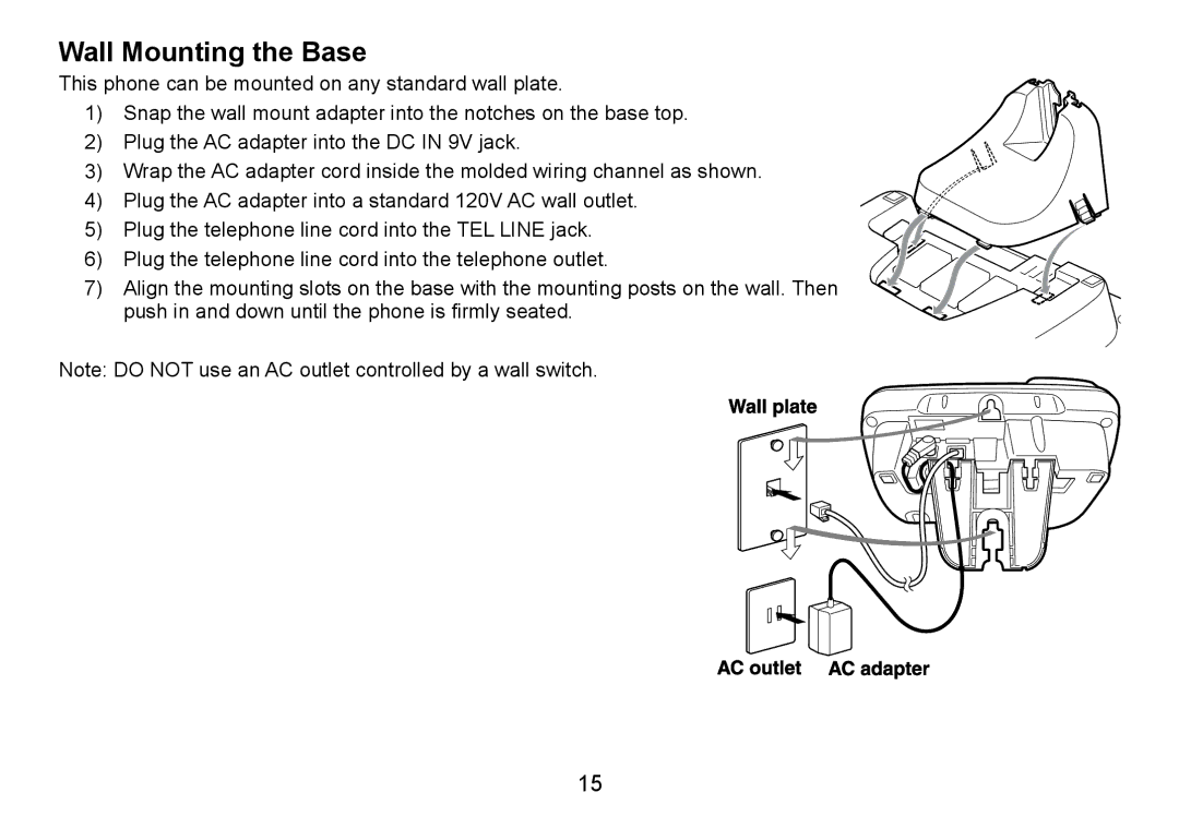 Uniden TRU9485-2, TRU9085 Series, TRU9485Series manual Wall Mounting the Base 